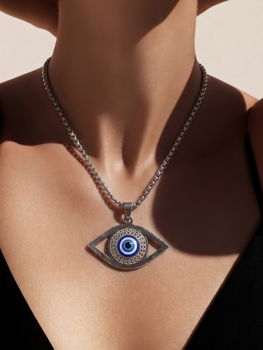 Hamsa Blue Evil Eye Pendant Necklace 24” Silver Stainless Steel Turkish Nazar